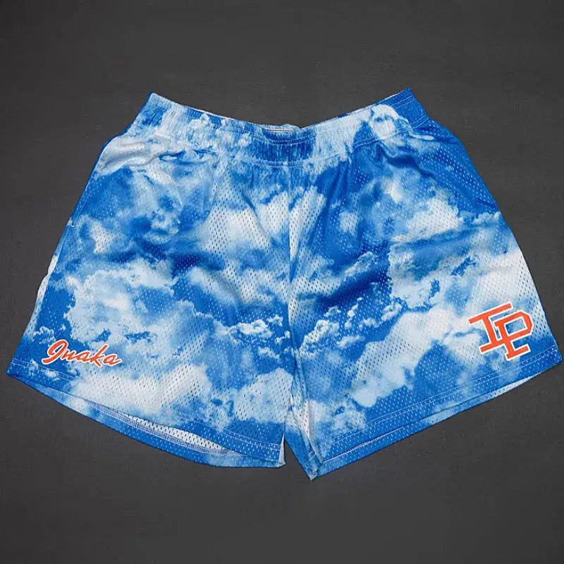 Men's blue cloud-print mesh shorts with quick-dry fabric and orange logo
