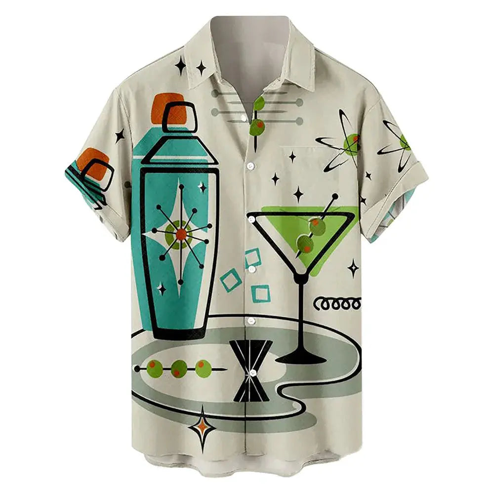 Hawaiian print short-sleeve shirt with teal bottle and martini graphic on beige background