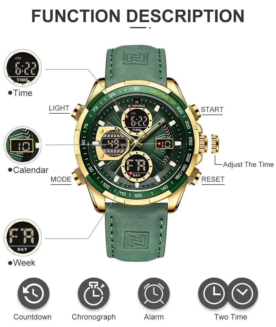 NAVIFORCE men's leather watch, green dial with gold-tone case, chronograph, waterproof
