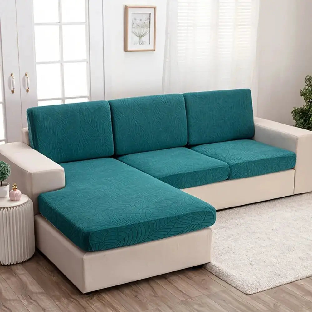 Waterproof stretch sofa cushion cover set in teal jacquard; removable protector for sectional chaise lounge