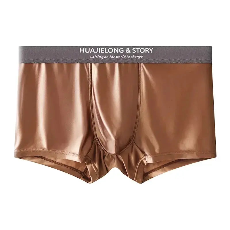 Men's satin-like boxer briefs by HUAJIELONG & STORY; brown ice-silk, breathable mesh crotch