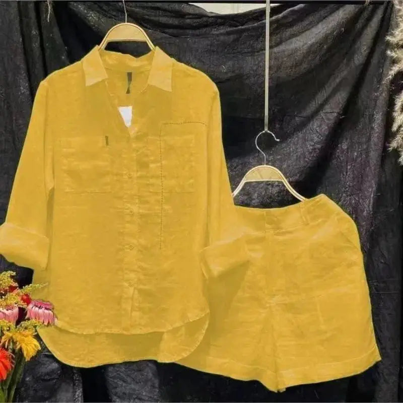 Cotton Linen White Long Sleeve Shirt And Shorts Set For Women