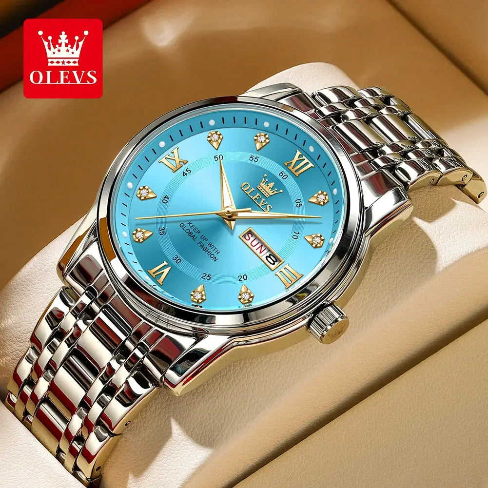 OLEVS men's quartz watch with blue dial, diamond markers, Roman numerals, stainless steel band, day/date window