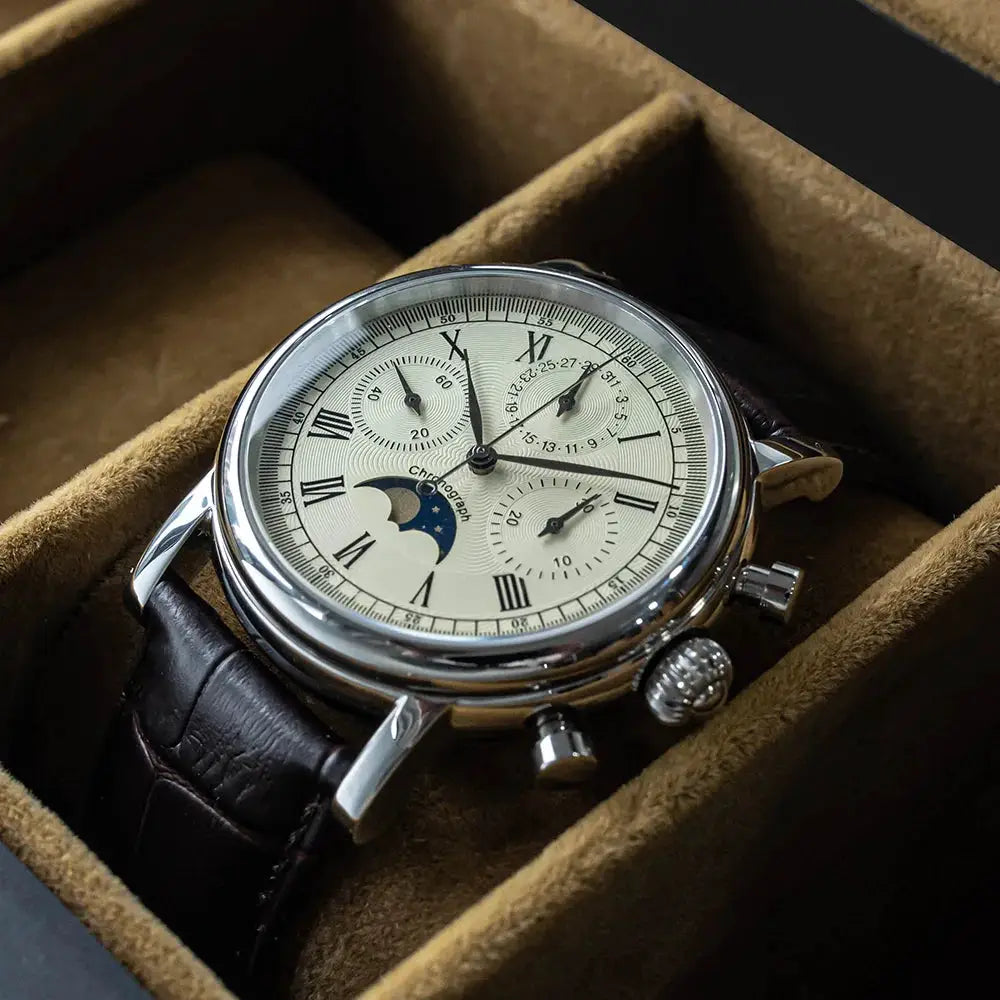 Sugess ST1908 wristwatch with moonphase calendar and chronograph, cream dial with Roman numerals, brown leather strap