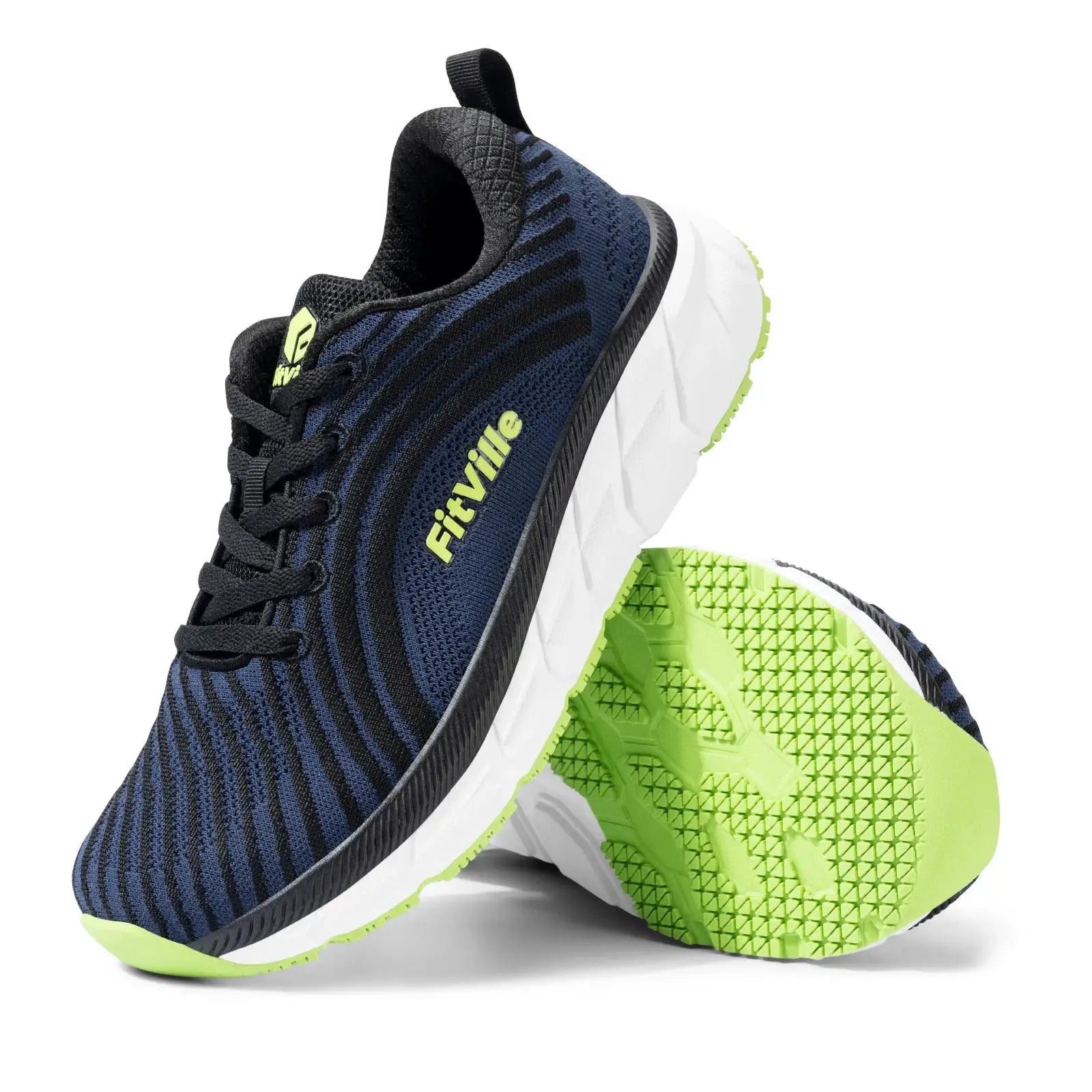 FitVille men's wide-toe running shoe, navy knit upper with lime-green outsole and white midsole.