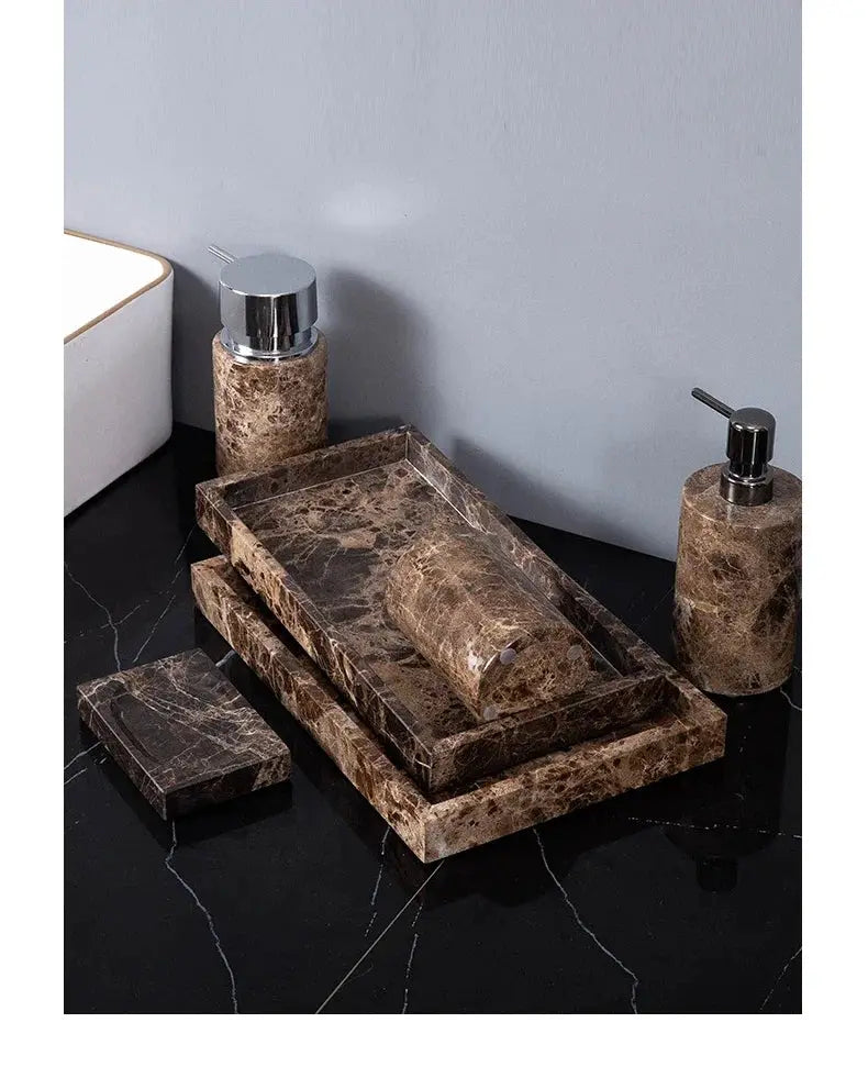 Emperador Dark natural marble bathroom set with dual pump dispensers, toothbrush holder, soap dish and nested trays