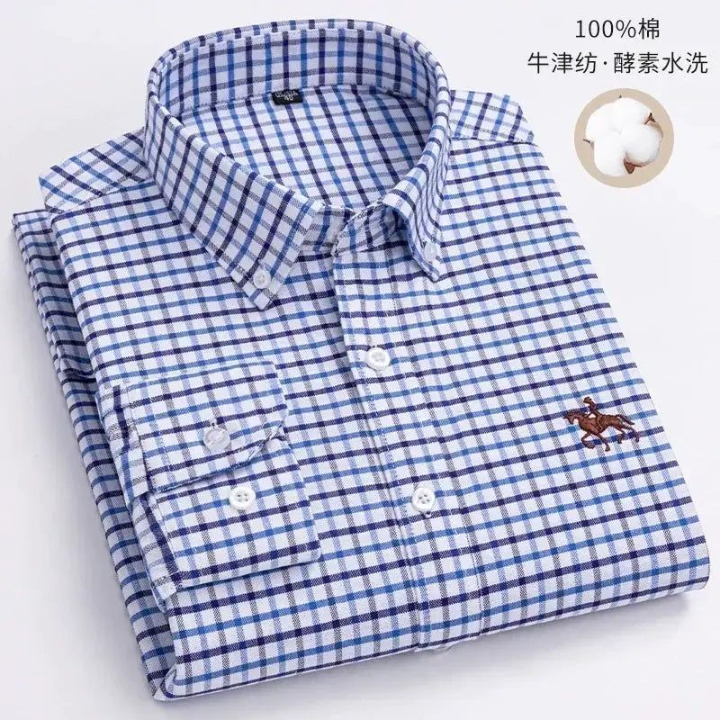 Casual Pure Cotton Oxford Shirt by Simples Market with blue check pattern and horse embroidery