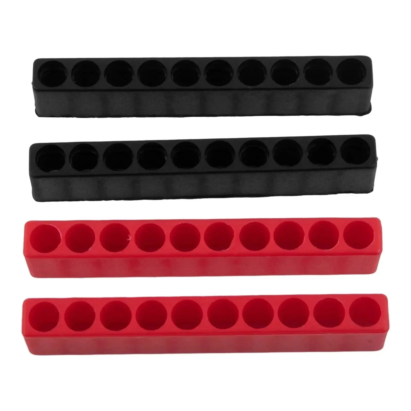 4-piece bit holder set with 10-hole 1/4in hex-shank screwdriver bit storage in black and red plastic