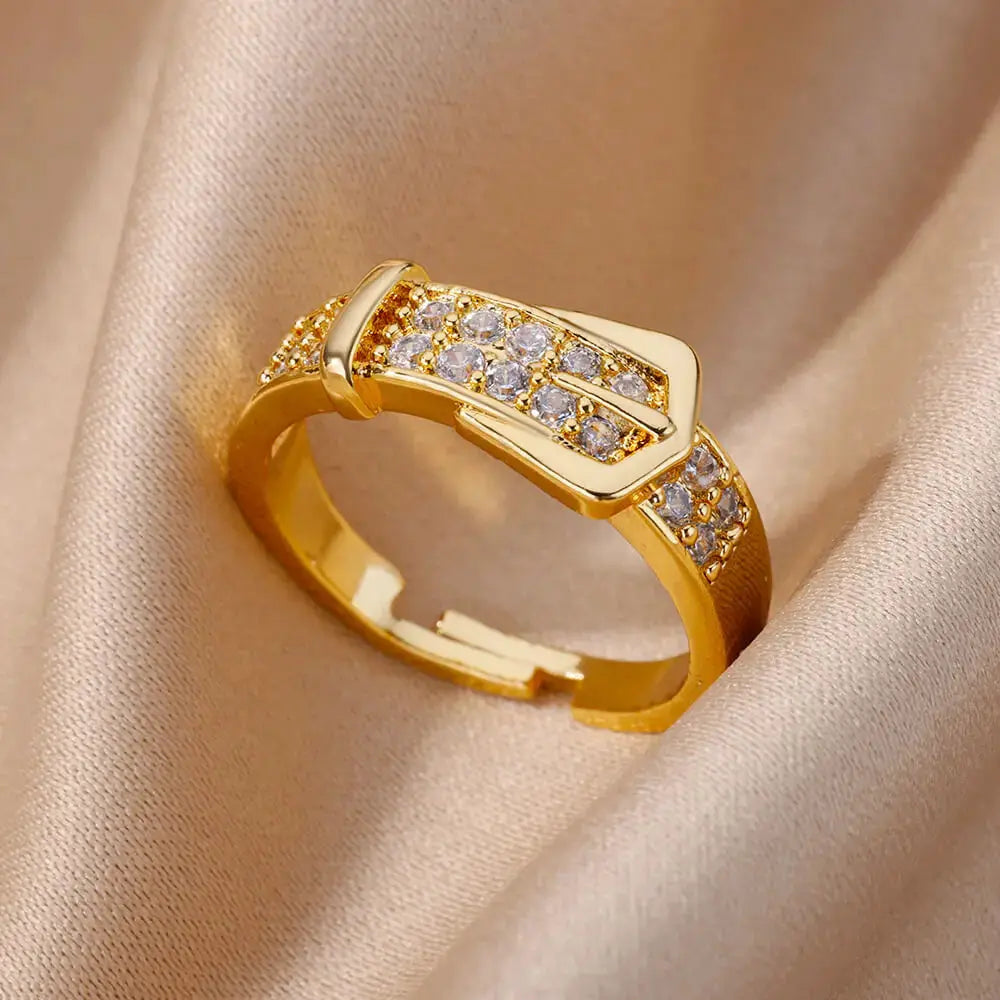 Stainless Steel Belt Ring For Women Zircon Adjustable Belt Finger Ring Geometric Wedding Aesthetic Jewelry Gift