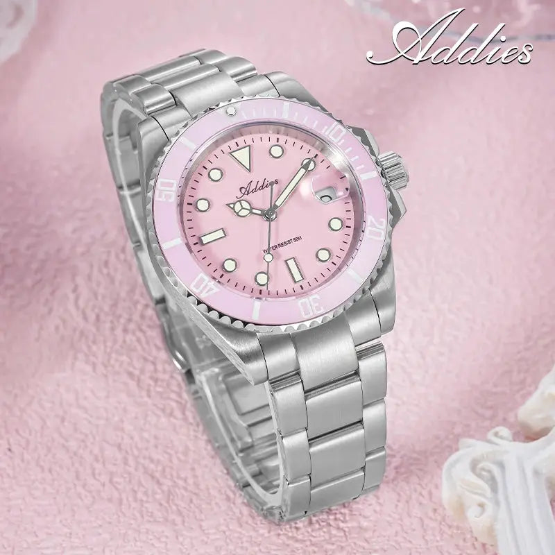 Addies women's watch with pink dial and pink ceramic bezel, stainless steel bracelet, 50m water resistant