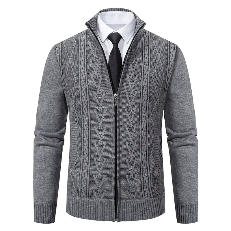 Men's grey knitted zip-front cardigan jacket with cable-knit pattern