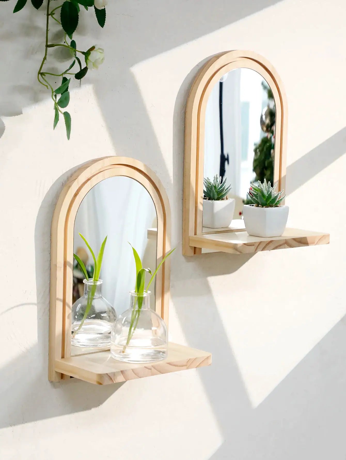2-pack Boho-style wooden wall shelves with arched mirrors, natural wood finish, plant display