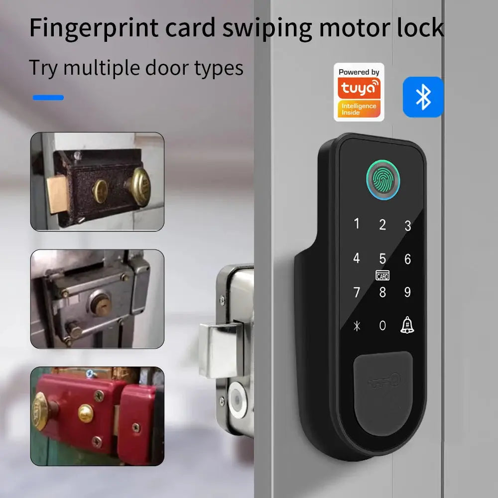 Black electronic door lock with Tuya Bluetooth, fingerprint, keypad and RFID access; three bolt designs in insets.