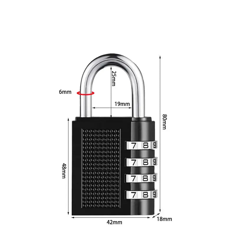 4-digit zinc-alloy padlock with black body and silver shackle for luggage and gym use