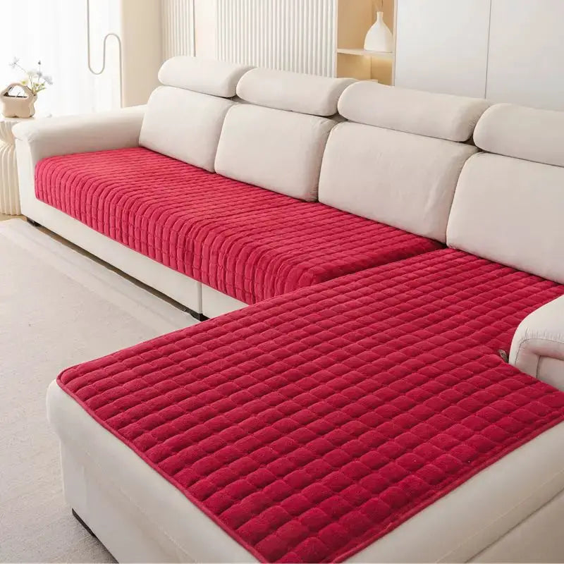 Plush plaid sofa cushion covers set in red velvet on a beige sectional, Simples Market