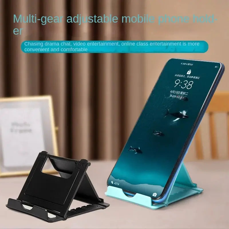 Desktop tablet folding stand set; black compact base and turquoise adjustable stand holding a tablet