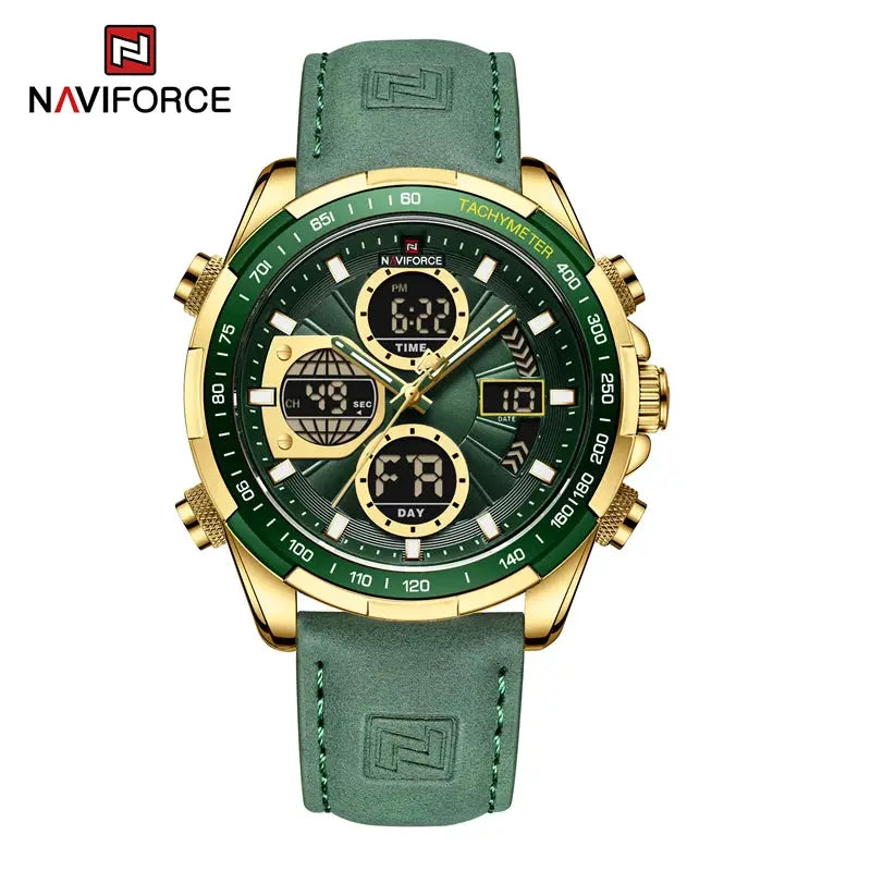 NAVIFORCE men's leather chronograph watch with green dial, green strap, gold-tone case