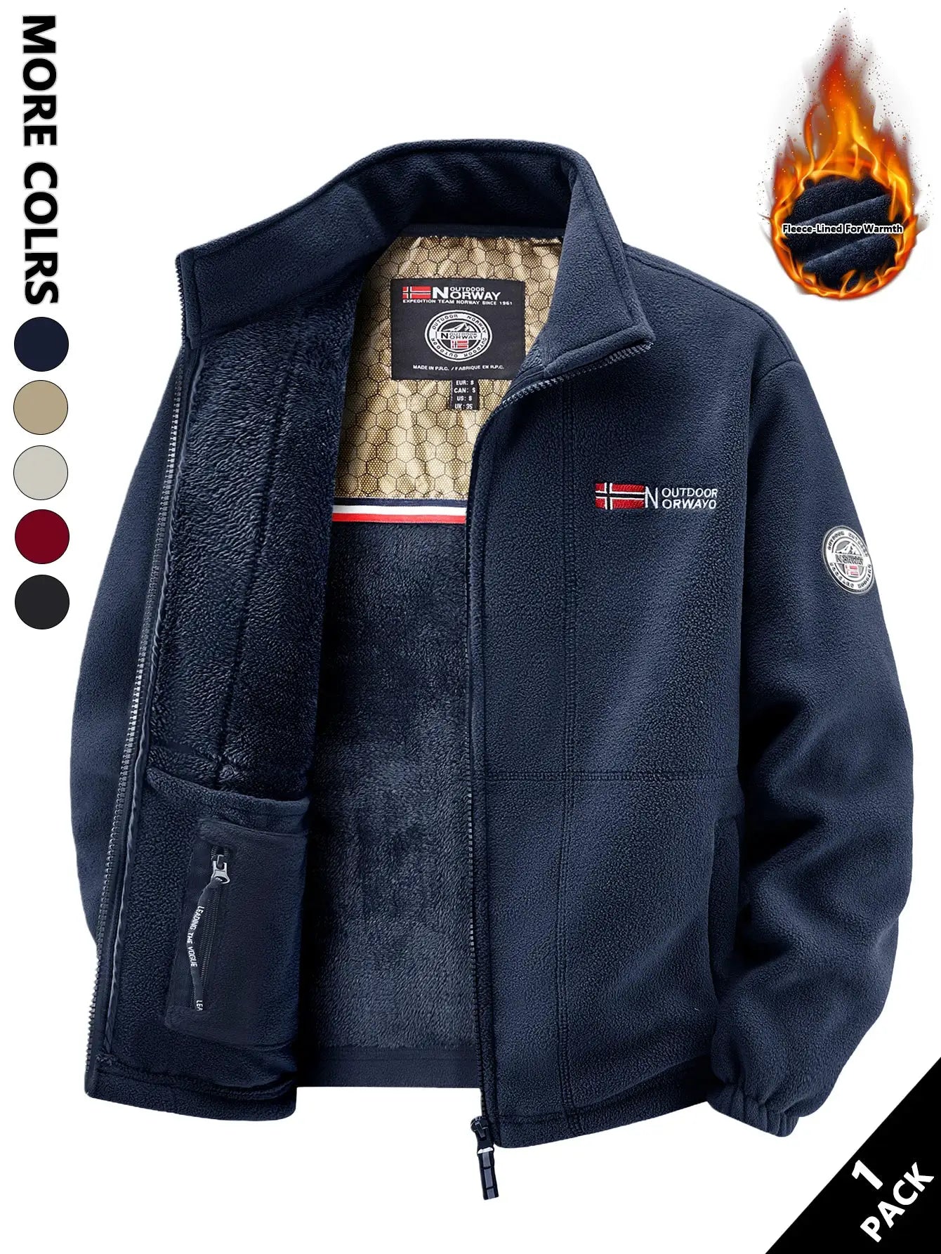 Men's navy fleece jacket by Simples Market; zip front, fleece-lined interior, left chest logo patch