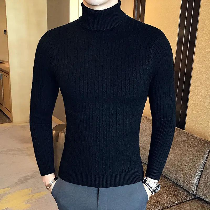 Men's black turtleneck knit sweater, ribbed solid color, long-sleeve pullover.