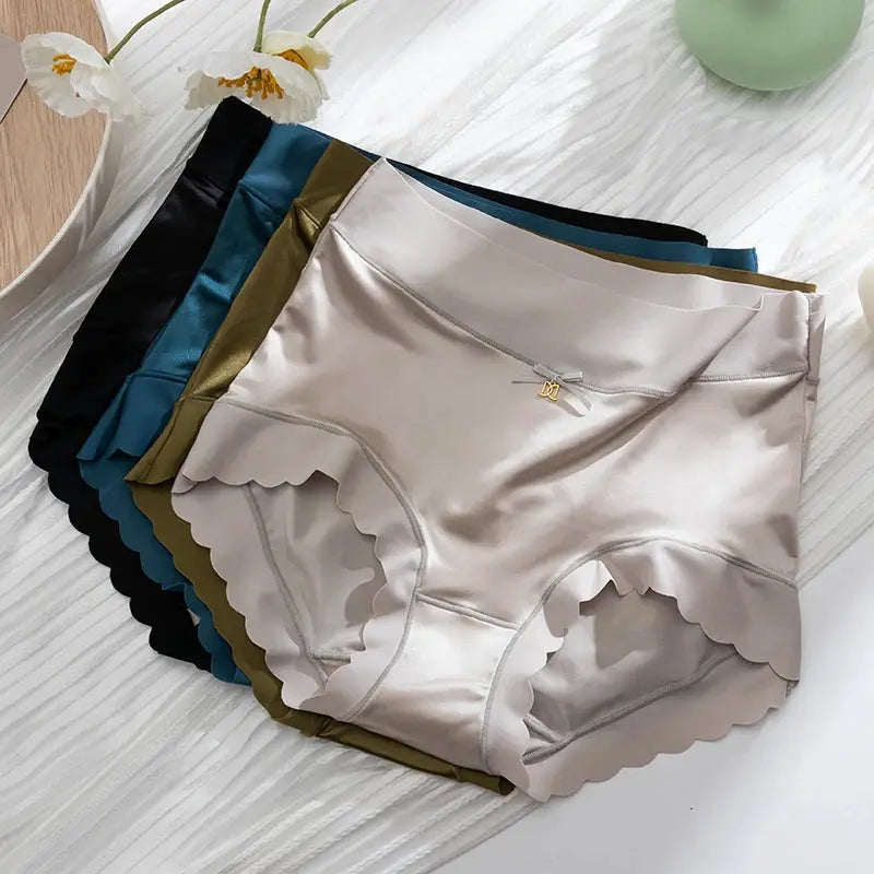 Silk panties set by Simples Market; mid-rise beige briefs with scalloped edges and satin finish, assorted colors