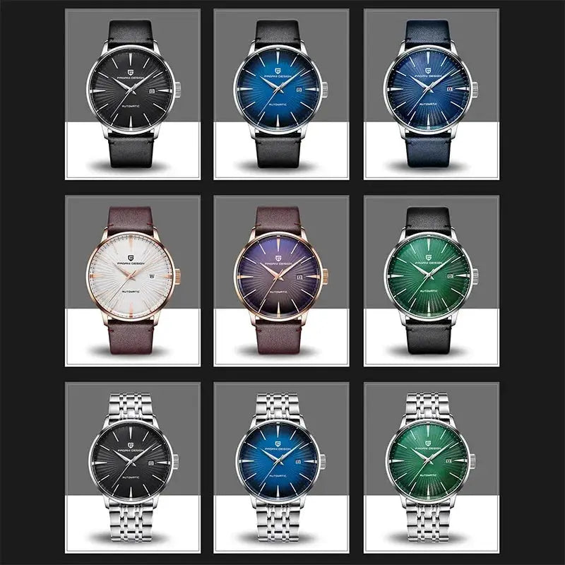 PAGANI DESIGN men's watches, 9 color/strap options with leather and steel bracelets