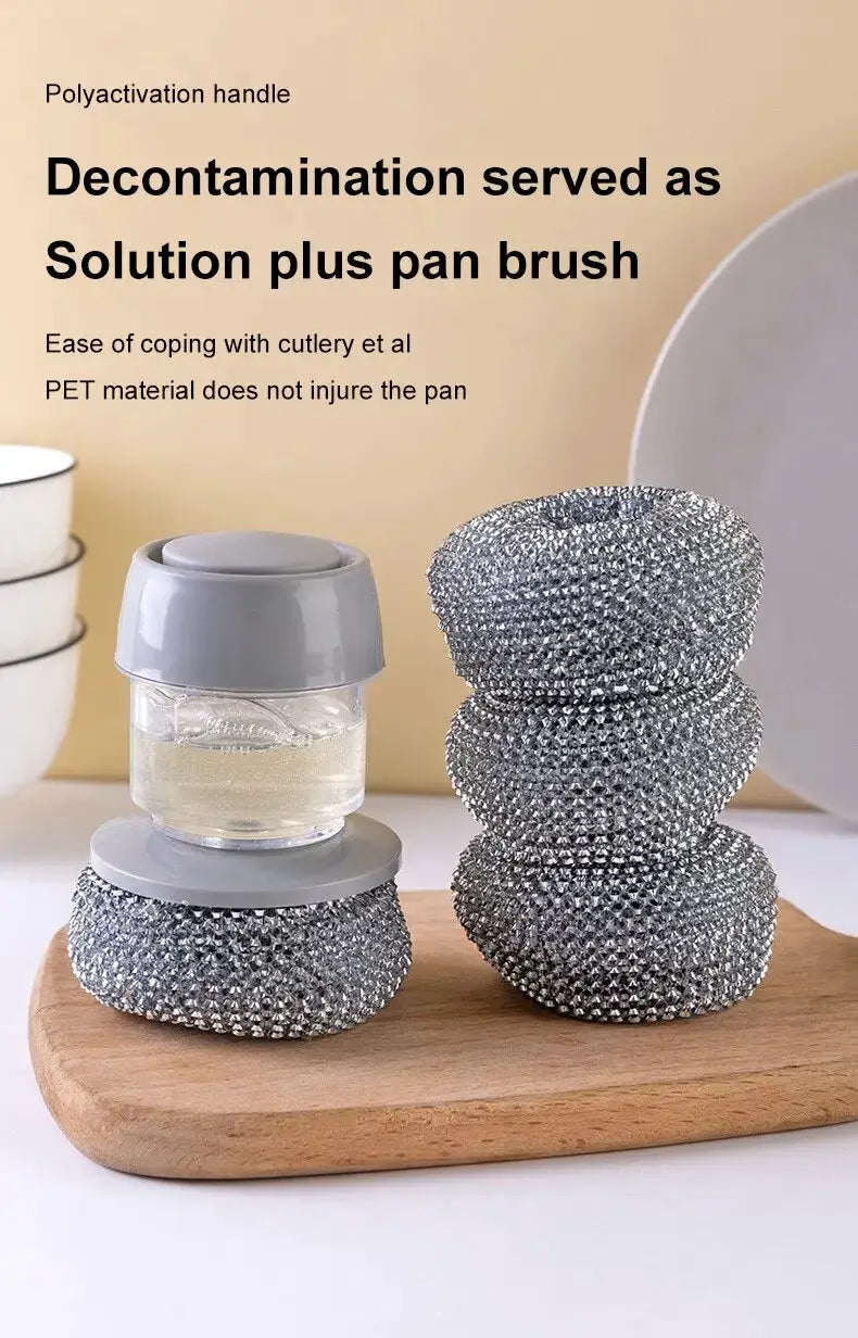 Dishwashing soap-dispensing brush with stacked steel scrubbers on a wooden board, gray