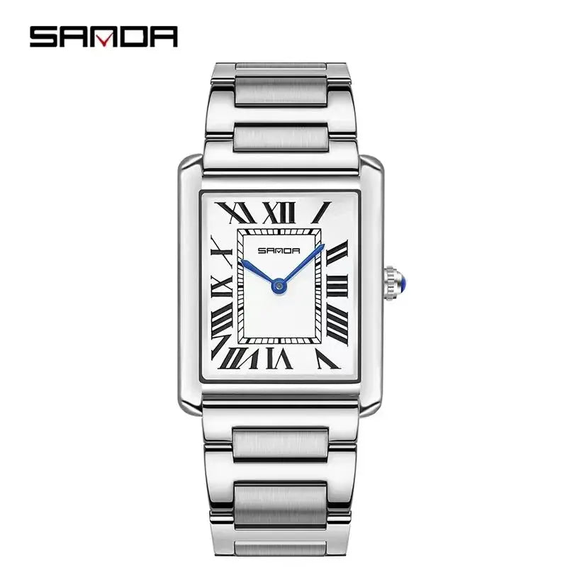 SANDA square-case quartz watch for men and women, rectangular dial, stainless steel bracelet, blue hands
