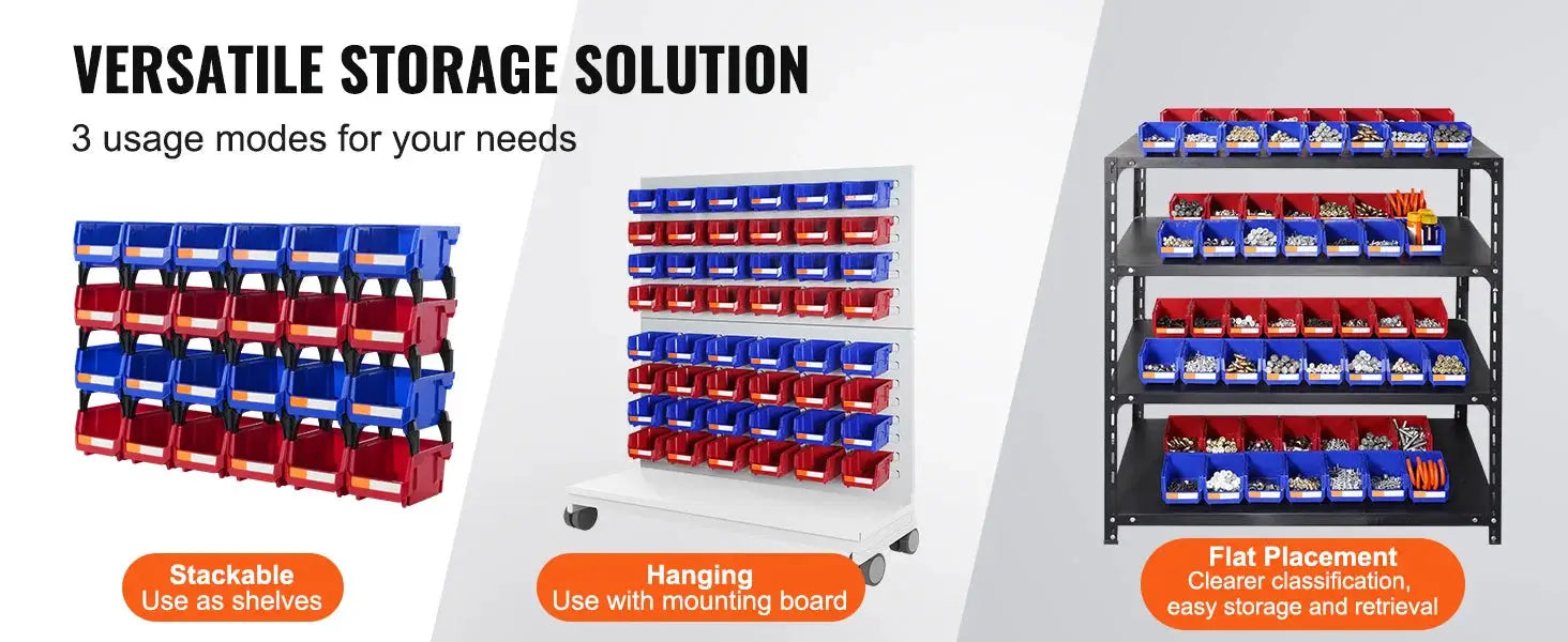 SucceBuy 24-pack blue and red storage bins; stackable organizers shown on freestanding tiered shelf for garage storage