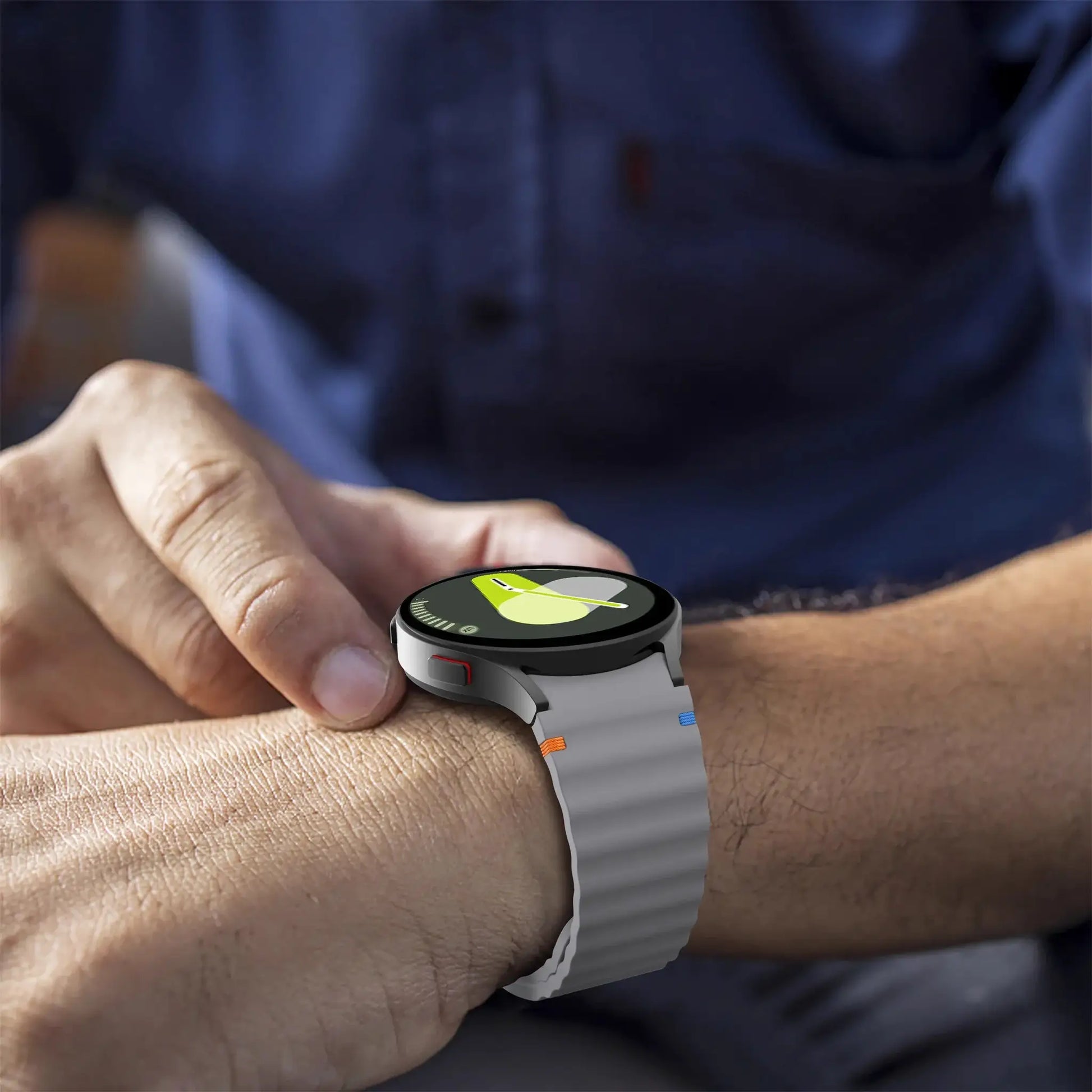 Original silicone sport strap for Samsung Galaxy Watch with gray band and orange/blue accents