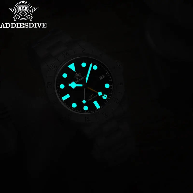 ADDIESDIVE 39mm quartz GMT watch for men with luminous cyan markers on black dial