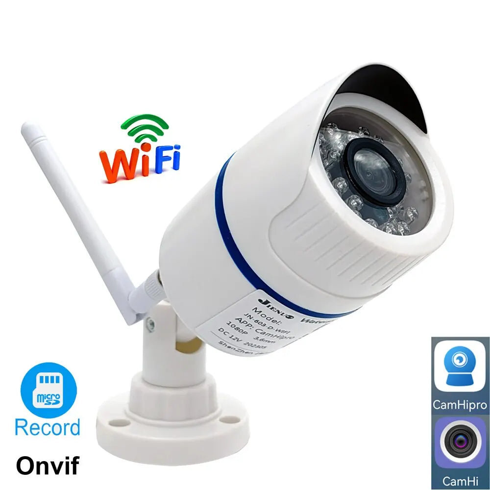 White outdoor WiFi IP camera with antenna, CamHipro/CamHi branding, night vision