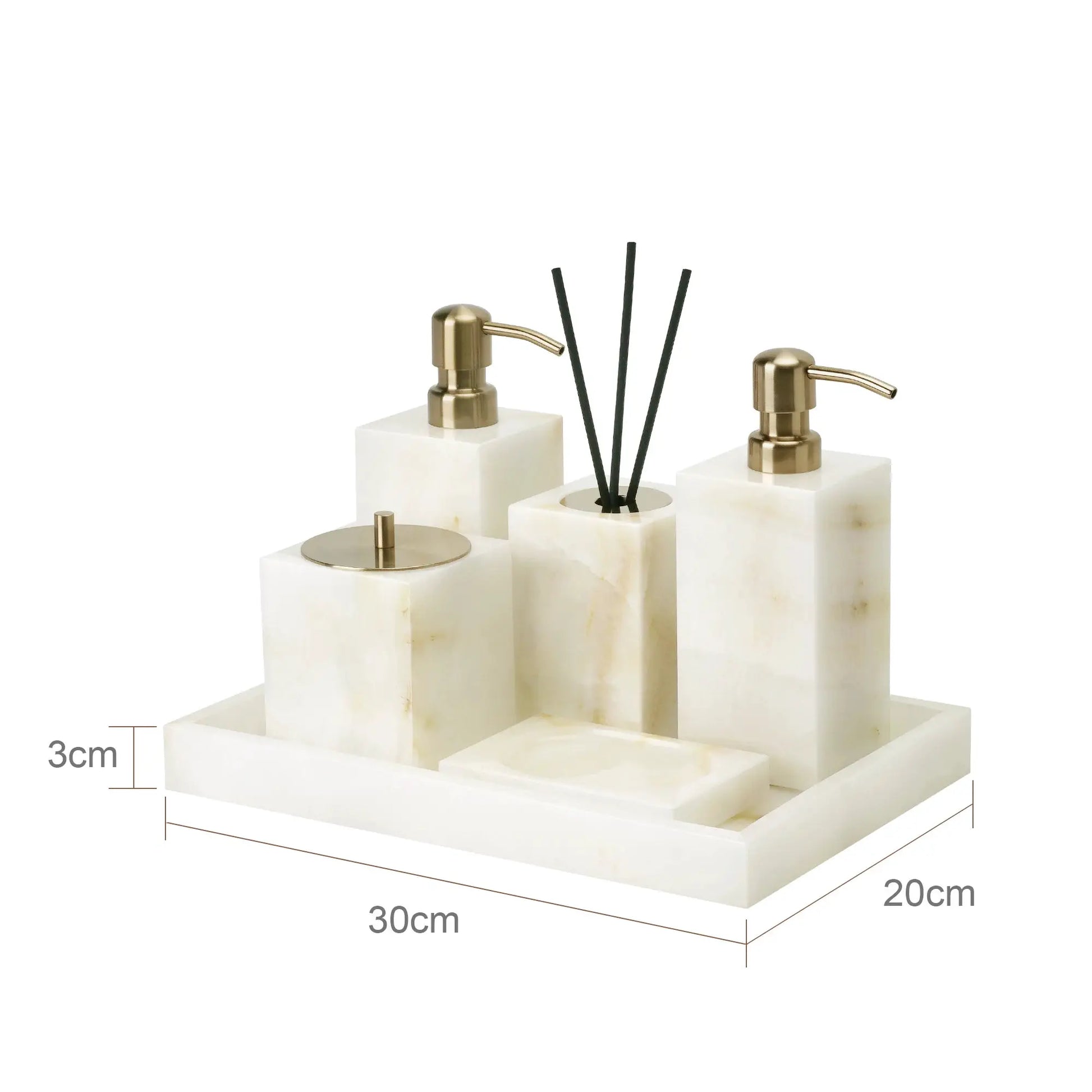 White onyx marble bathroom accessories set by Simples Market with gold soap dispenser, tissue box, vanity tray