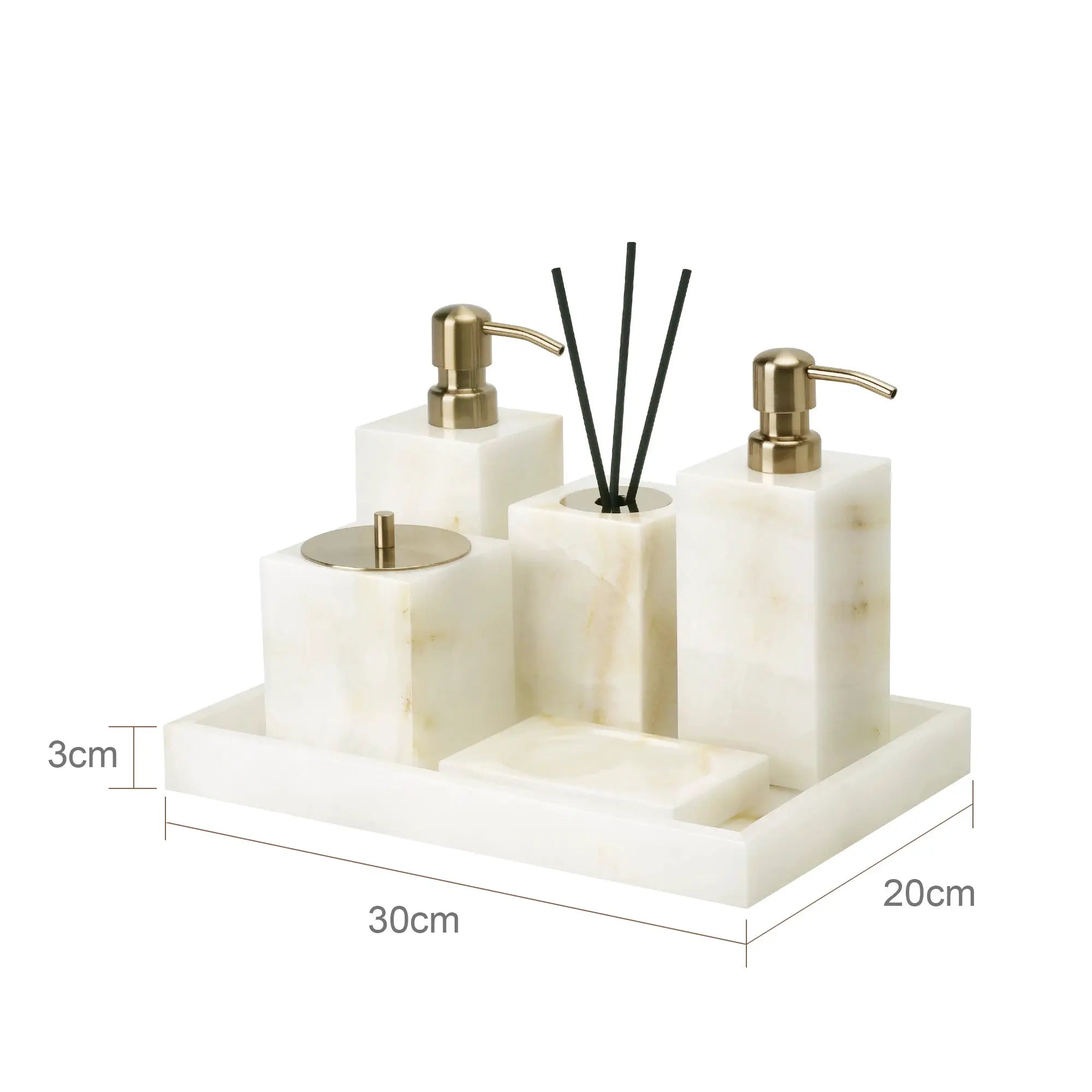 White onyx marble bathroom accessories set by Simples Market with gold soap dispenser, tissue box, vanity tray
