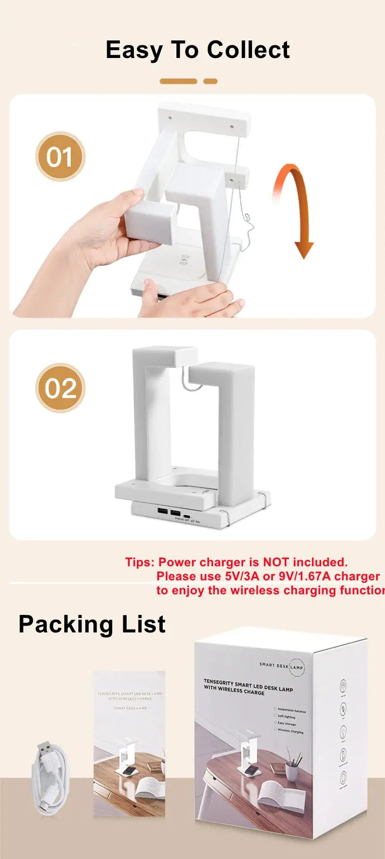 Floating lamp with 10W detachable wireless charger, white Simples Market desk light for bedroom/office