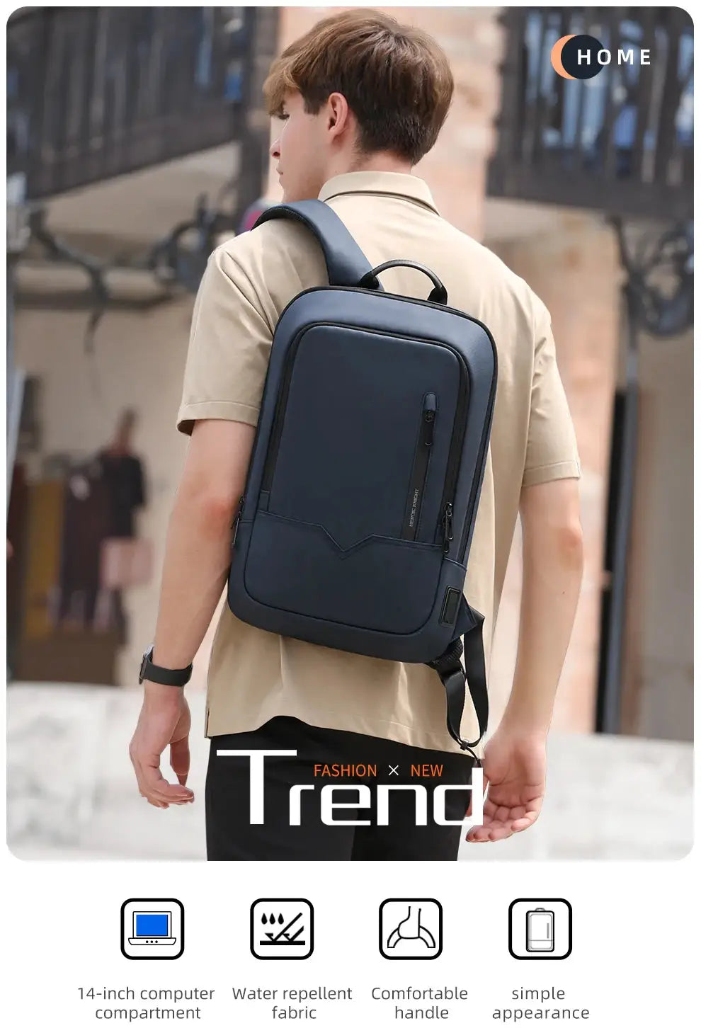 HK Slim Backpack for Men by Simples Market, navy blue 15.6-inch laptop bag with USB charging, waterproof minimalist bag