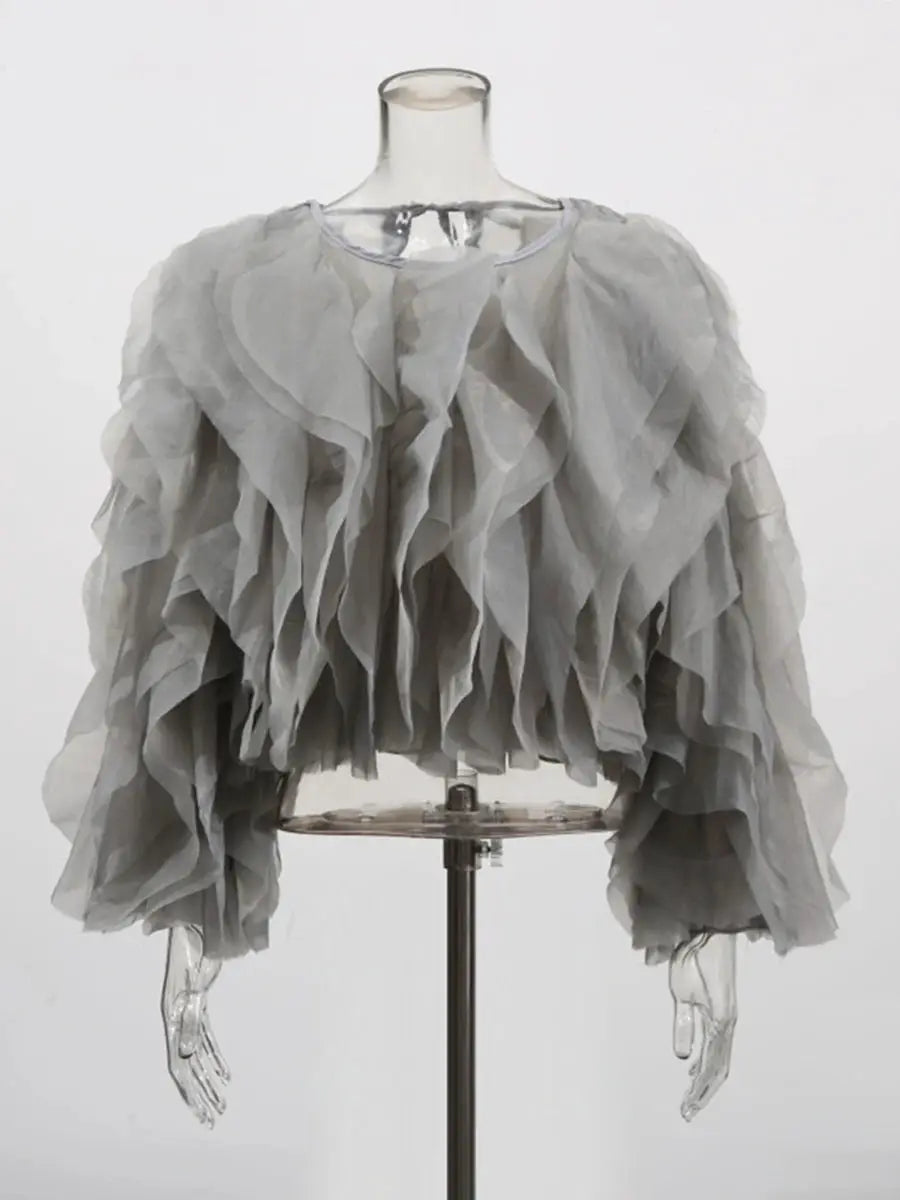 Twotwinstyle Elegant Patchwork Ruffles Chiffon Blouse O Neck Lantern