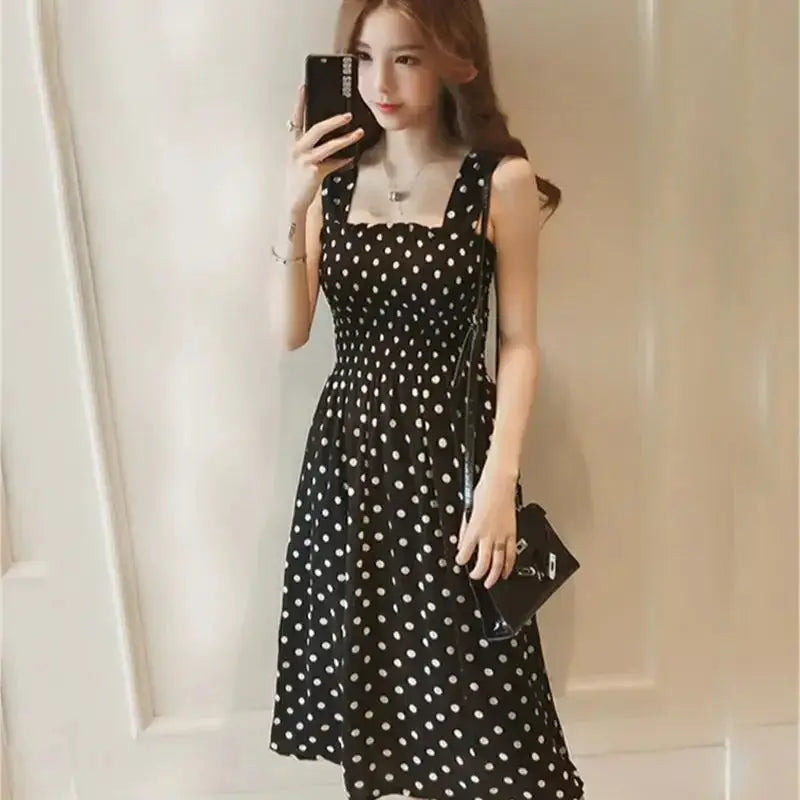 MarinaGrace Summer Polka Dot Sleeveless Chiffon Long Dress With Elegant Square Neck And Flowy A Line Fit