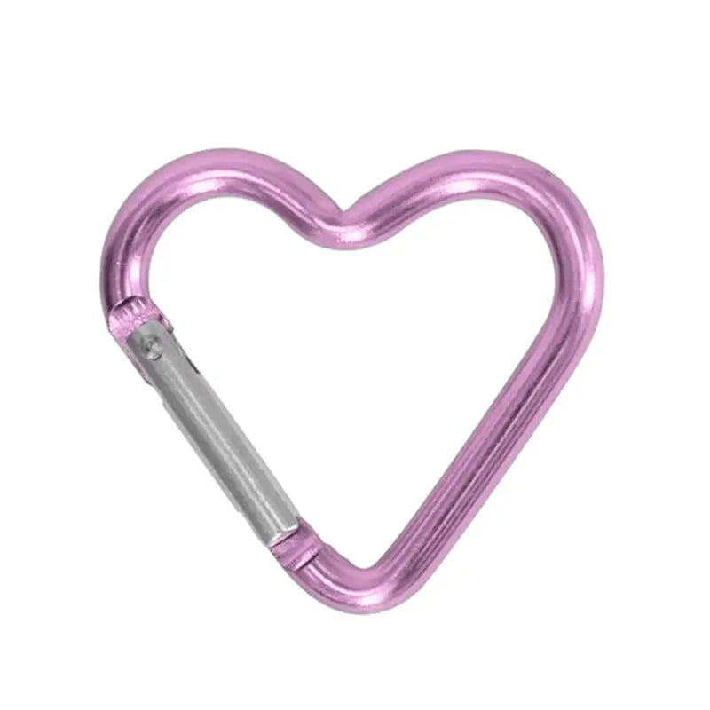 Pink heart-shaped aluminum carabiner keychain with spring-loaded locking clip