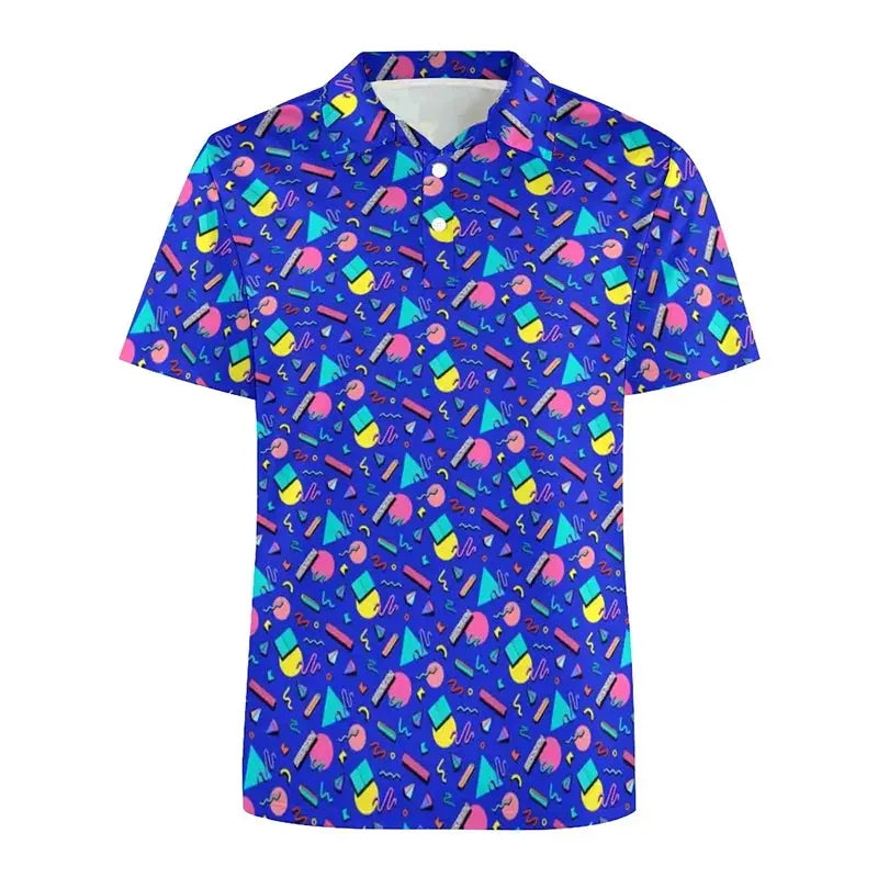 Simples Market men's polo shirt with blue base and vibrant 80s/90s retro print, short sleeves.