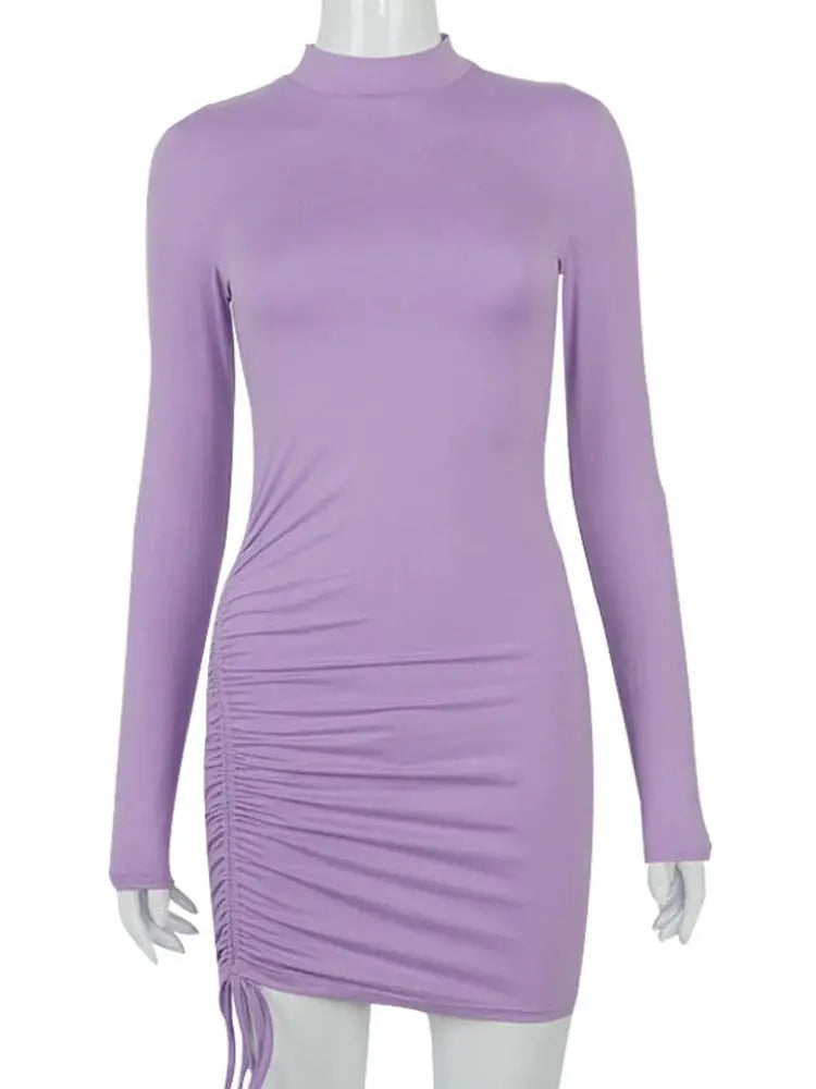 Long Sleeve Ruched Bodycon Dress For Women Turtleneck Black Bandage