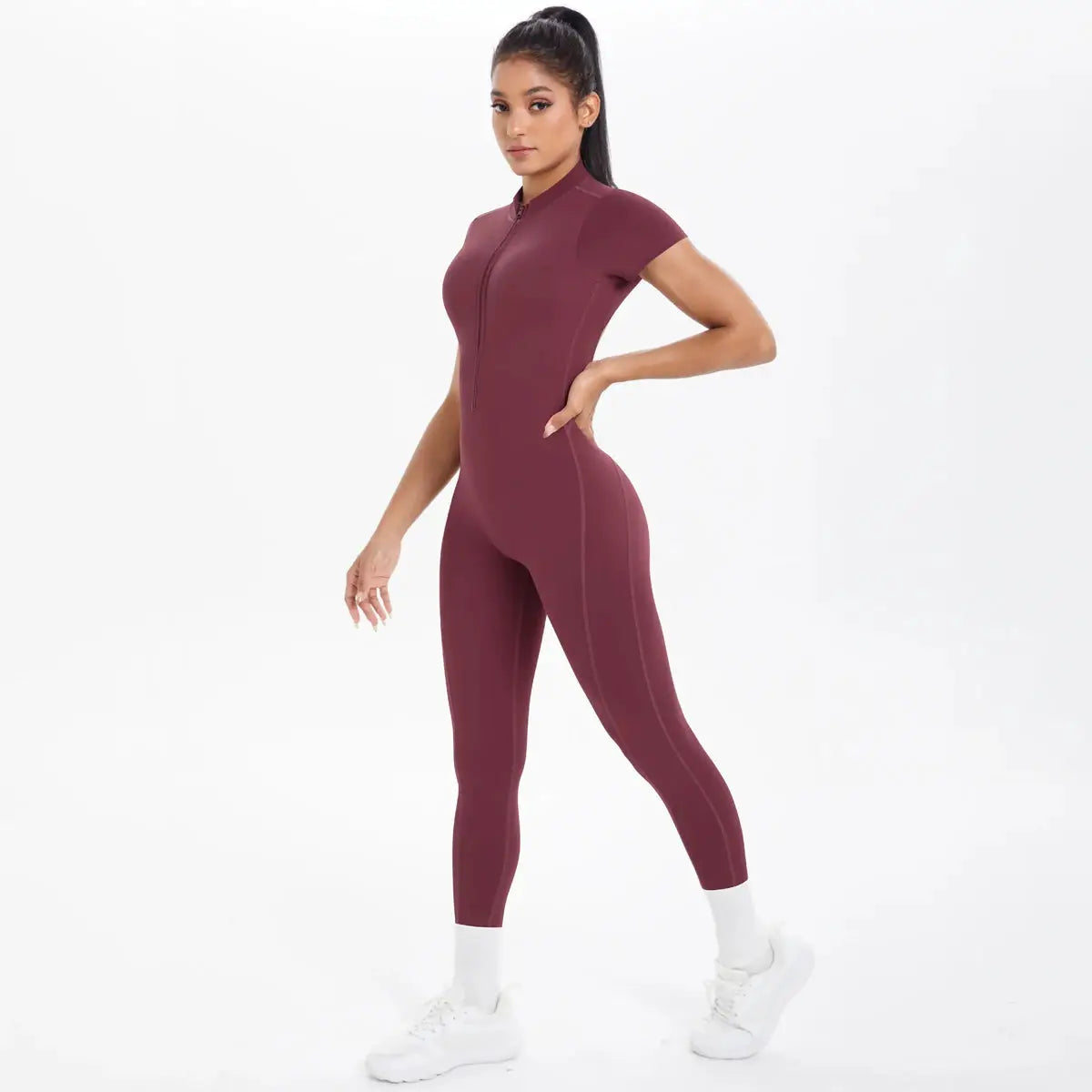 Simples Market women's maroon short-sleeve fitness jumpsuit with half-zip, backless scrunch one-piece
