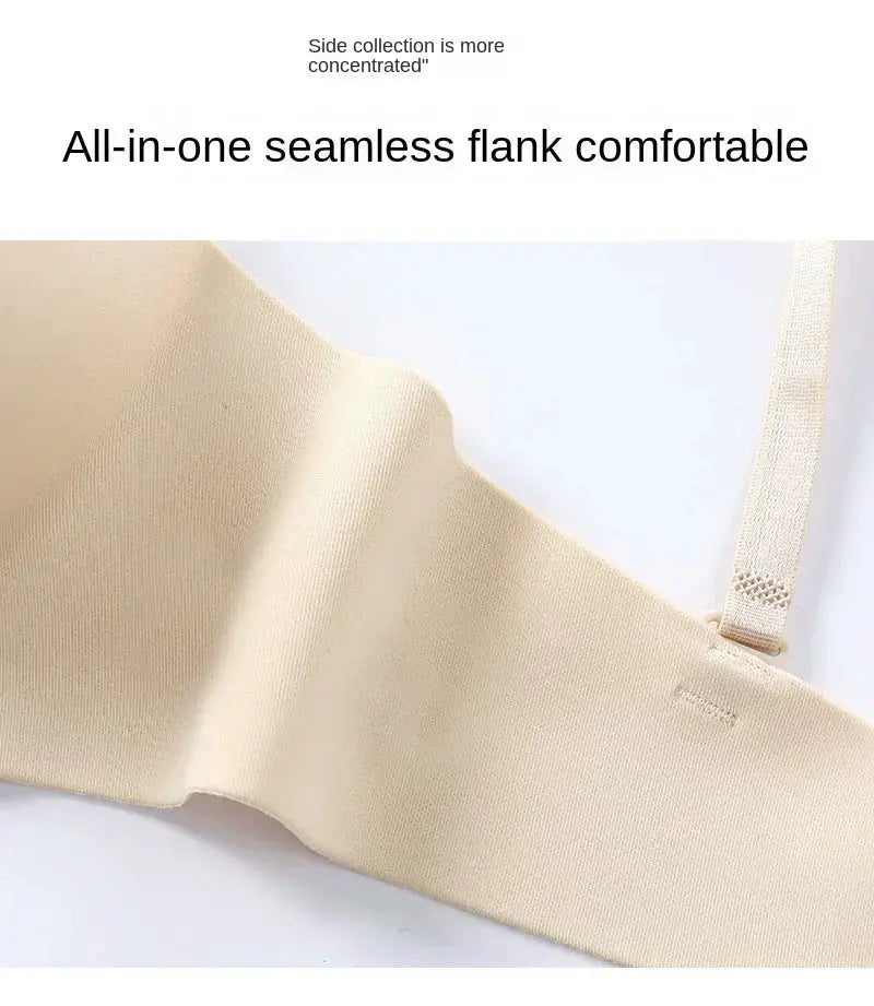 Simples Market seamless wireless bralette in beige; soft knit fabric with adjustable strap