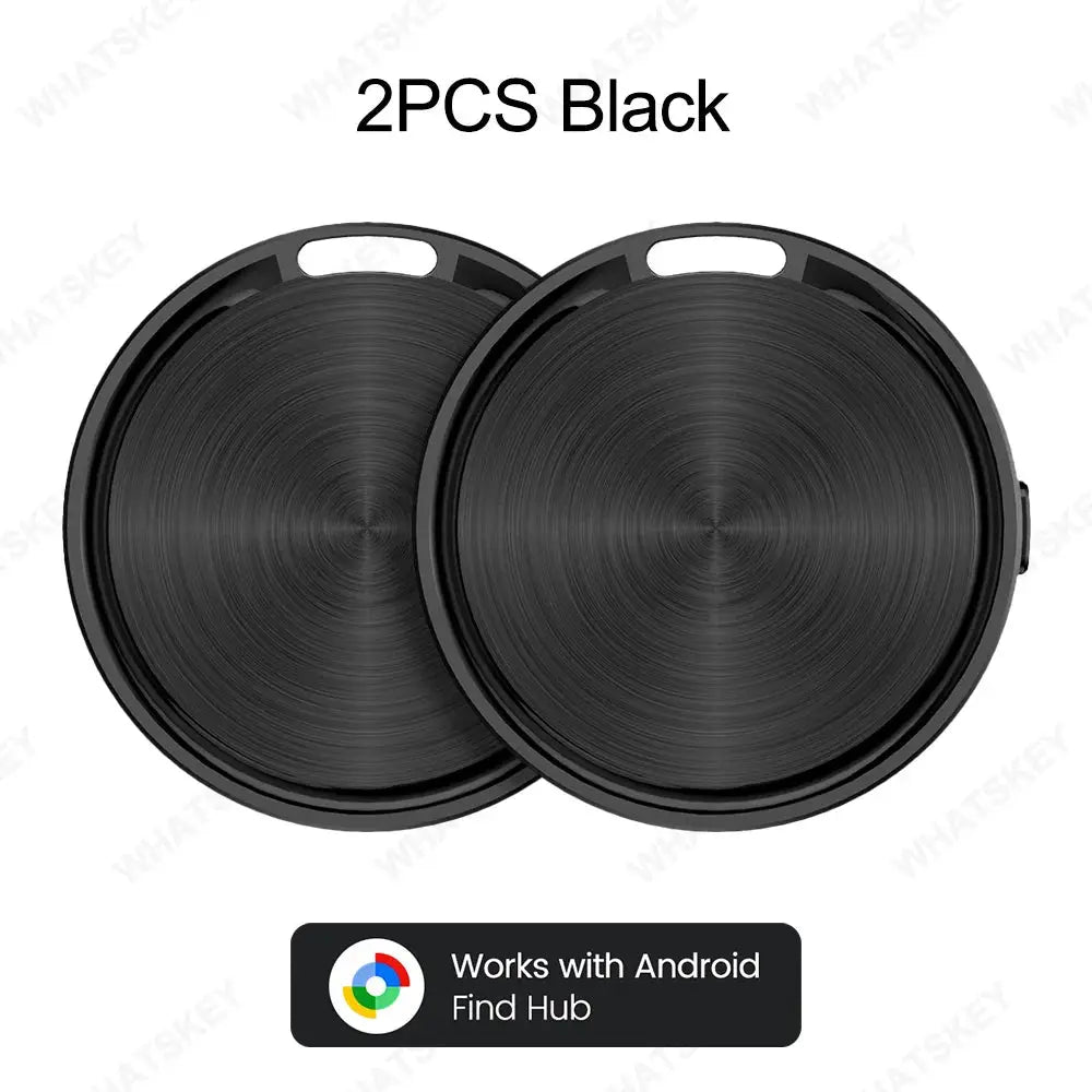 2 pcs black circular Bluetooth trackers with keyring hole; GPS positioning finder; works with Android Find Hub