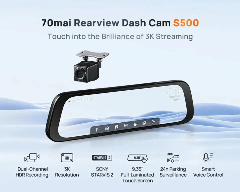 70mai S500 Rearview Dash Cam with 9.35-inch touchscreen, black body, dual-channel HDR, 3K