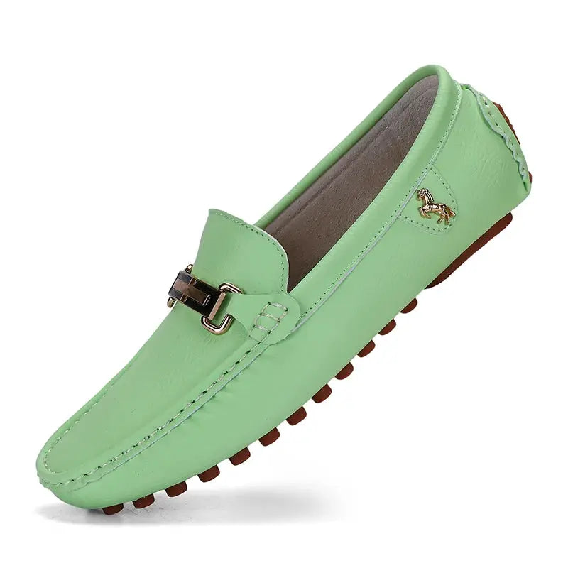 Men's mint green PU leather loafer with metal buckle, gold horse emblem, driving sole.
