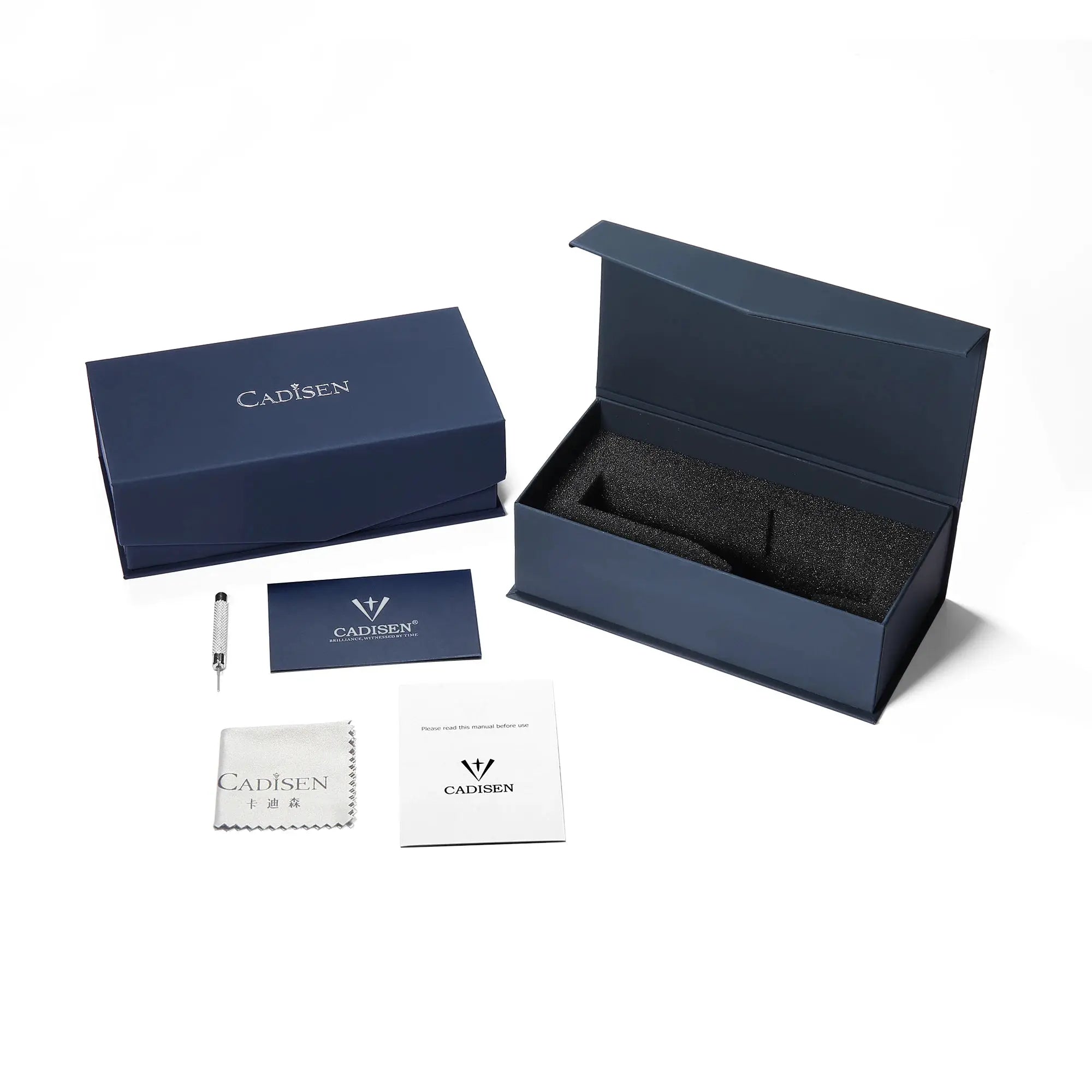 CADISEN navy blue gift box set for men's mechanical watch with foam insert and manuals