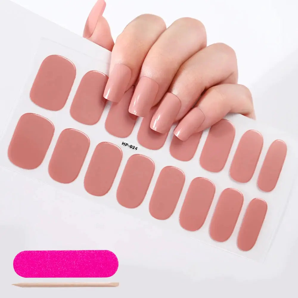 Semi-cured gel nail wraps sheet; nude pink, full-cover decals with adhesive shown on clear backing