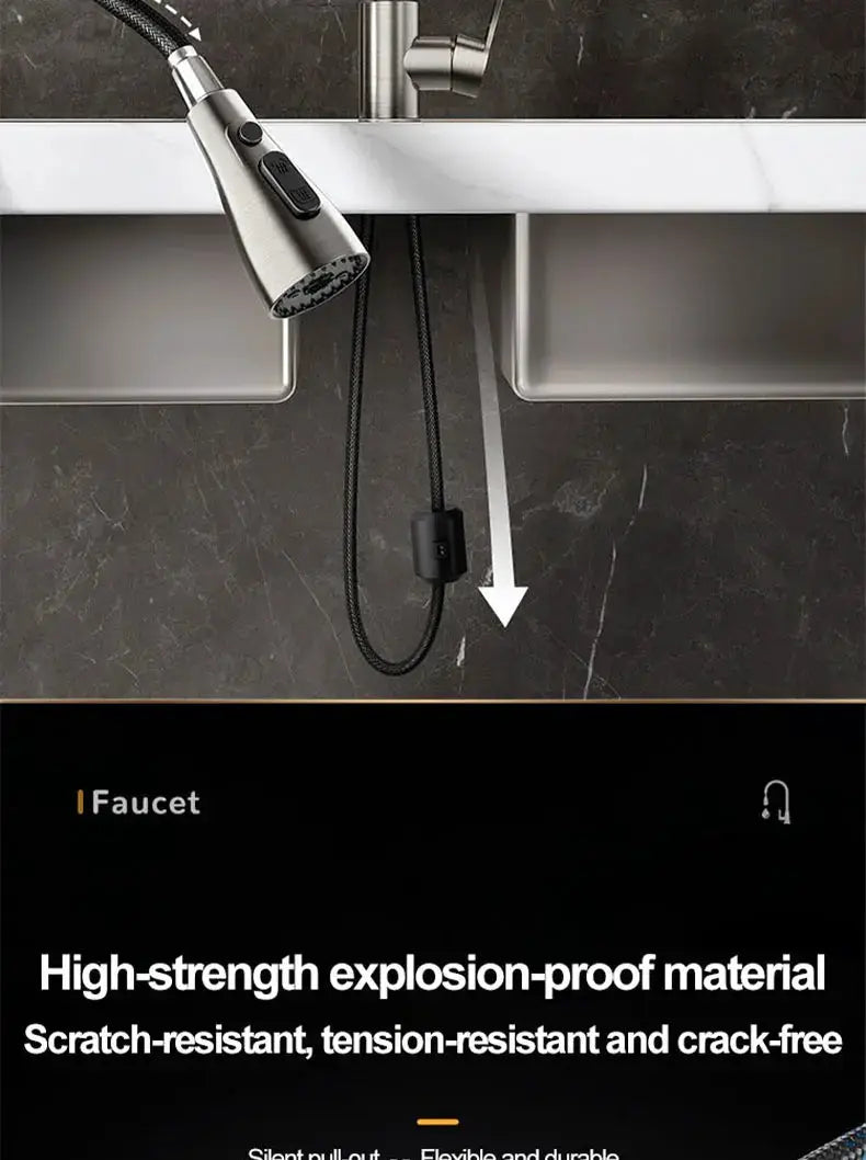 Stainless steel kitchen pull-out faucet with retractable hose, hot and cold, splash-proof design by Simples Market