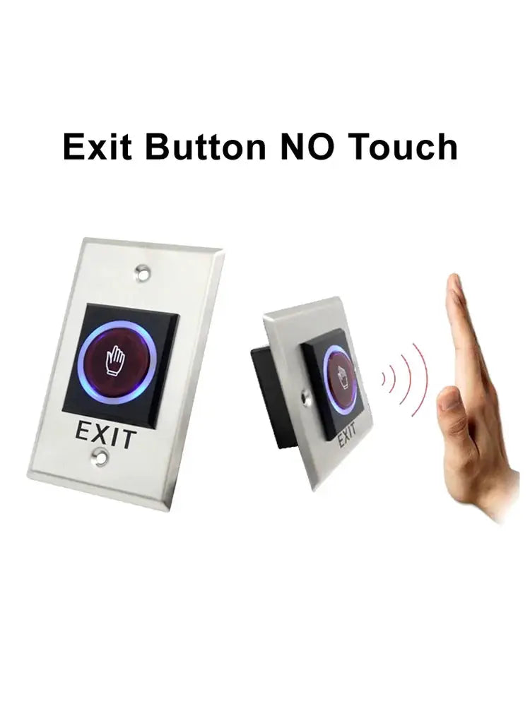 Exit button no-touch infrared release switch with LED ring on stainless plate; two views shown for door access control