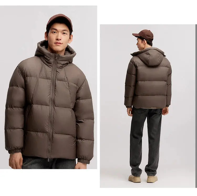 Semir men's taupe down jacket, quilted hooded puffer with front and back views